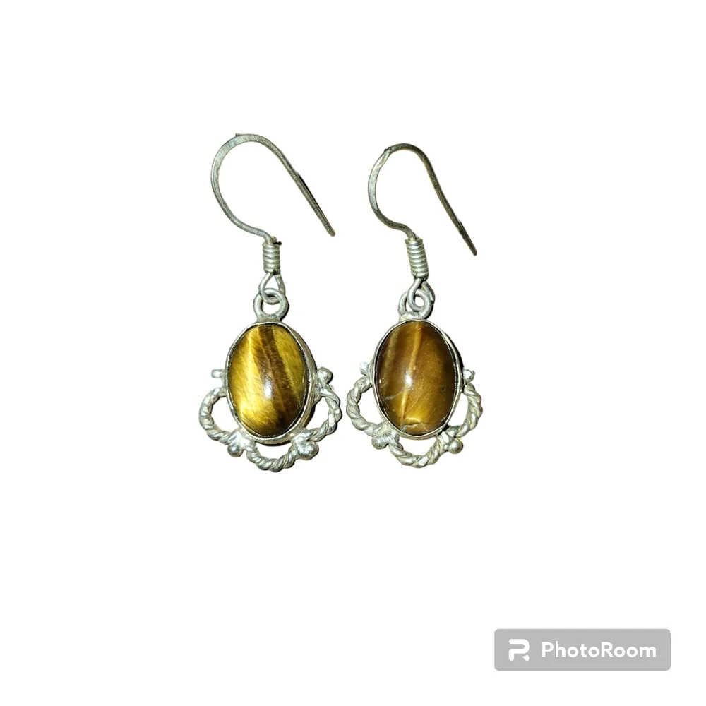 Vintage silver and brown tiger eye stone dangle earrings with earwire cl… - Picture 1 of 4